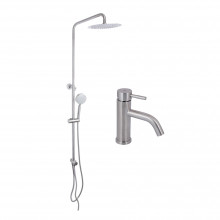 Акционный набор: Lidz Aria 0011F Смеситель для раковины (k35) Nickel + Lidz Aria 1120 Душевая стойка универсальная на два потребителя Nickel