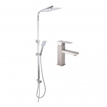 Акционный набор: Lidz Kubis 001F Смеситель для раковины (k35) Nickel + Lidz Kubis 1120 Душевая стойка универсальная на два потребителя Nickel